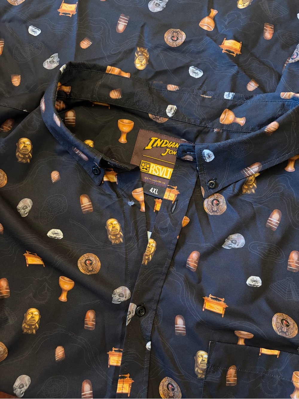 RSVLTS Black Short-Sleeve Button-Down Shirt Kunuflex with Indiana Jones Motifs